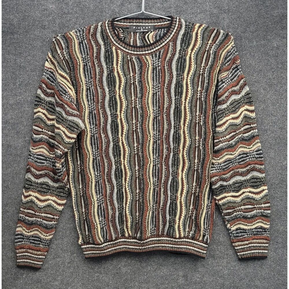 VTG Protege Collection Textured 3D Knit Crewneck Sweater L Stripe Neutral Colors